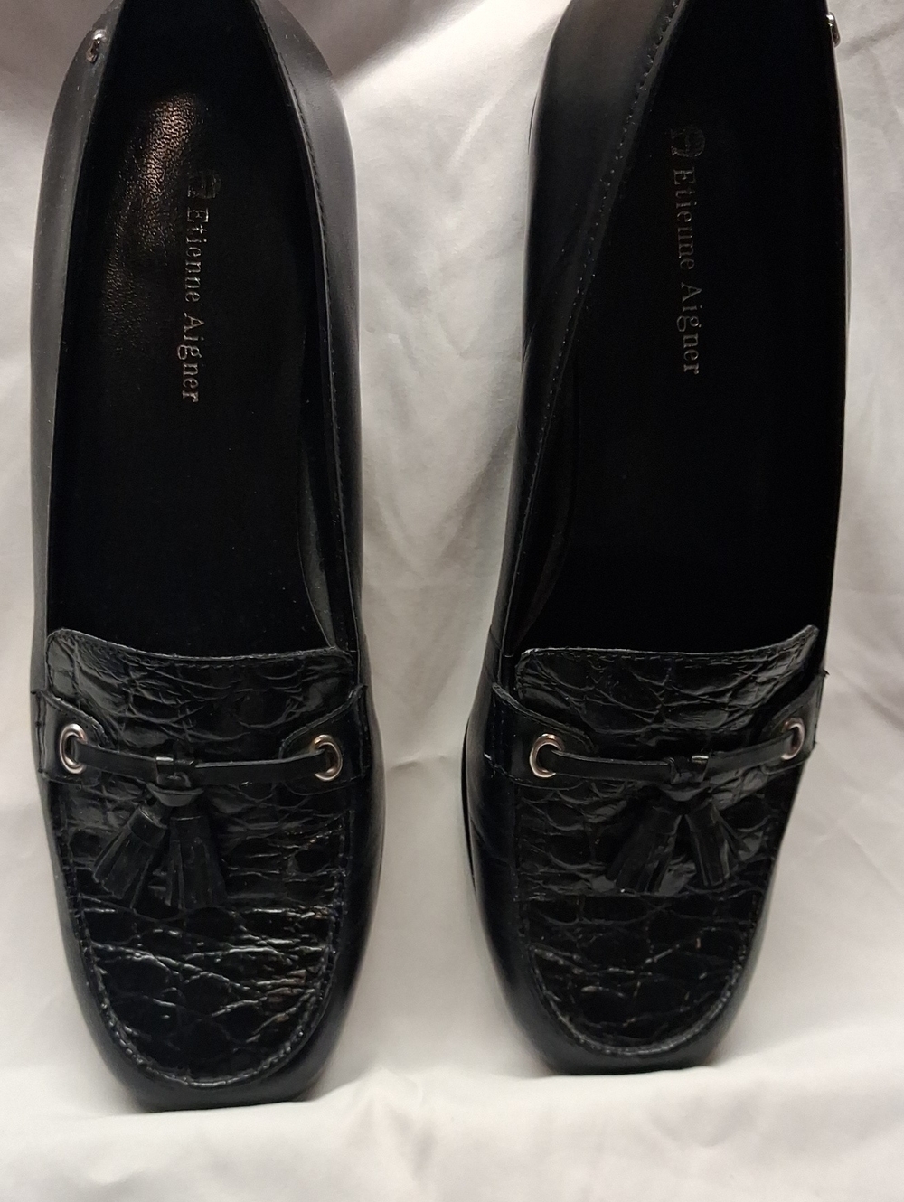 Etienne Aigner Black Croc-Embossed Tassel Loafers